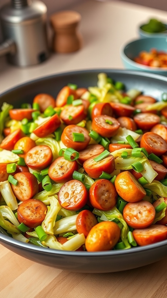 Sausage and cabbage stir fry in a skillet, garnished with green onions, presented in a warm kitchen setting.